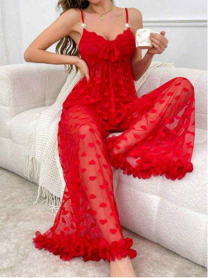 Transparent Mesh Honeymoon Pajama Set Red