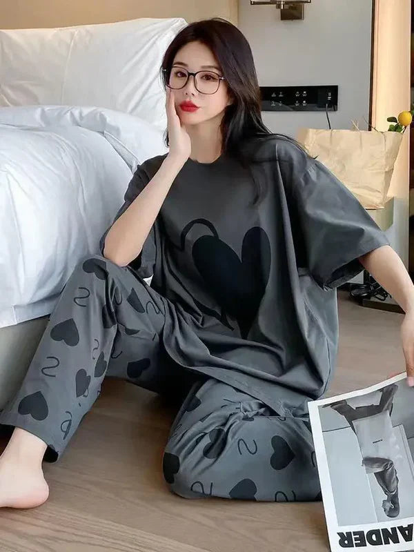 Grey Double Heart Half Sleeve Printed Night Suits