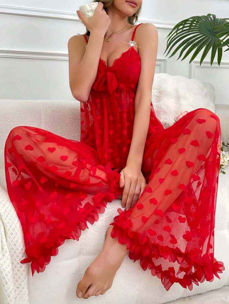 Transparent Mesh Honeymoon Pajama Set Red