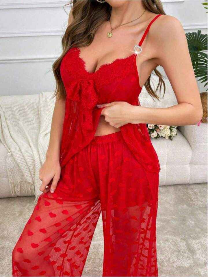 Transparent Mesh Honeymoon Pajama Set Red