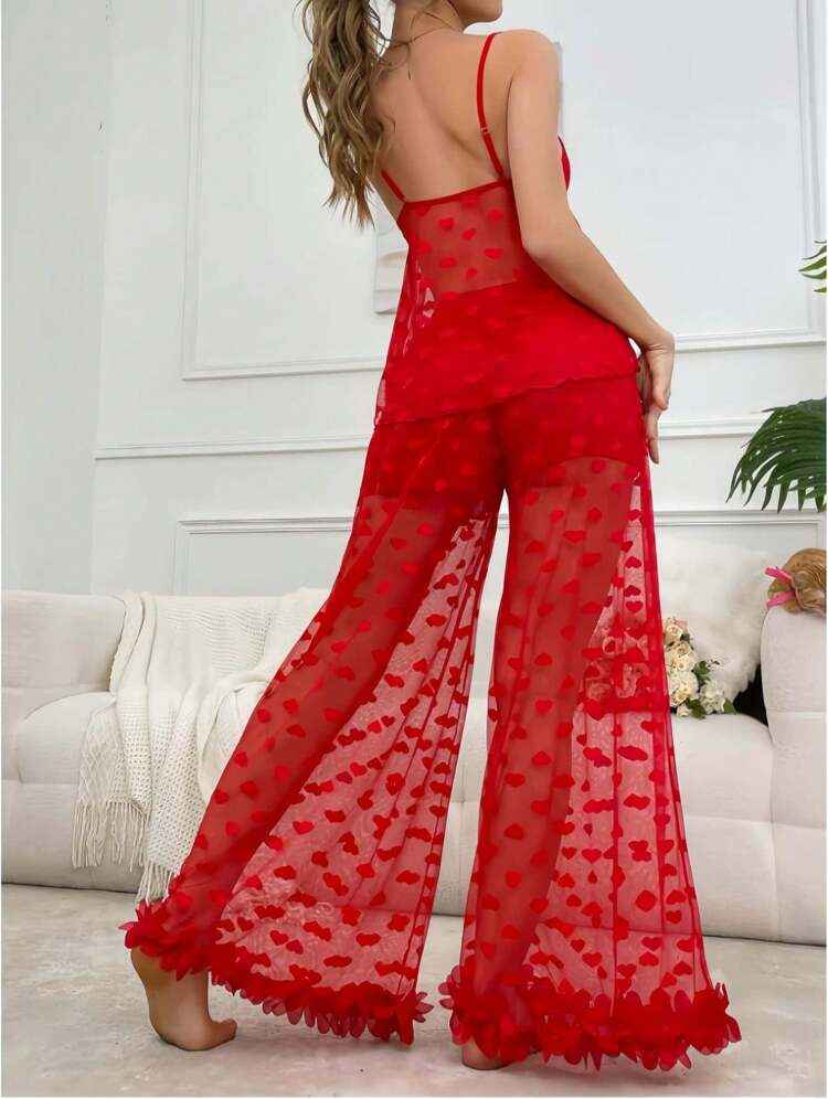 Transparent Mesh Honeymoon Pajama Set Red