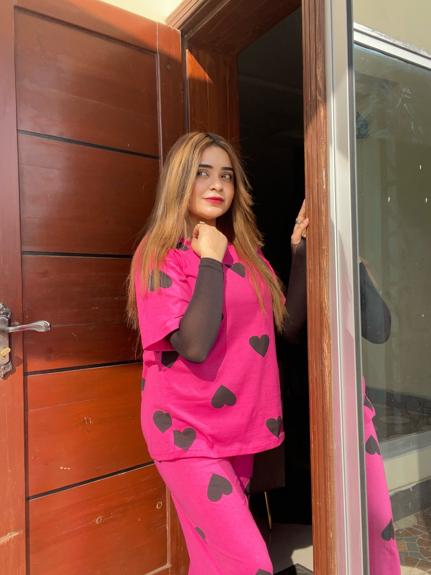 Black Multi Hearts Pink Printed Night Suit