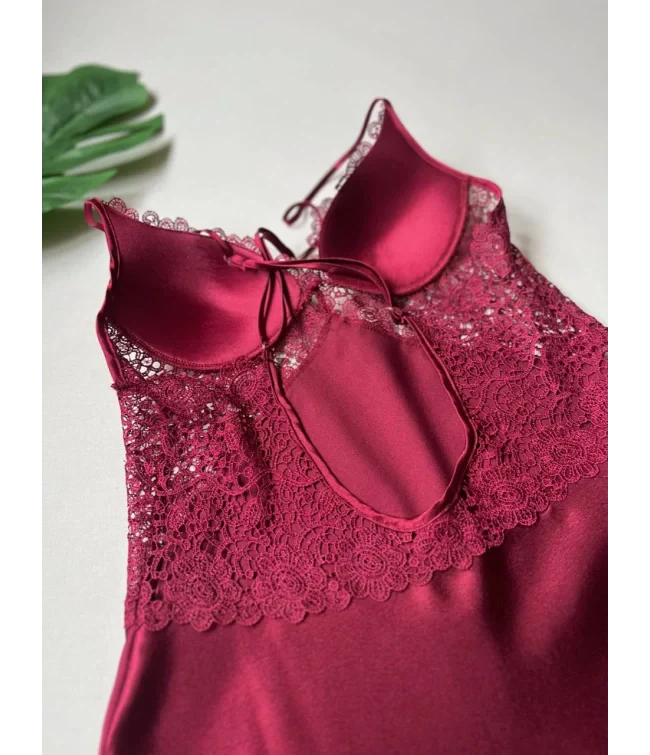 Turkish Detailed 6-Piece Satin Nightgown Dressing Gown Set Maroon