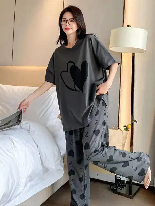 Grey Double Heart Half Sleeve Printed Night Suits