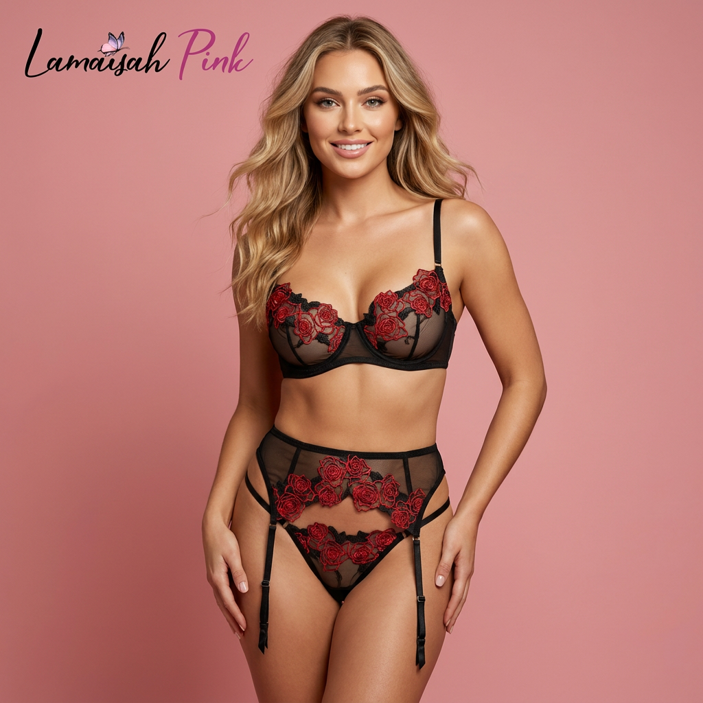 Red Embroidered Floral Garter Set