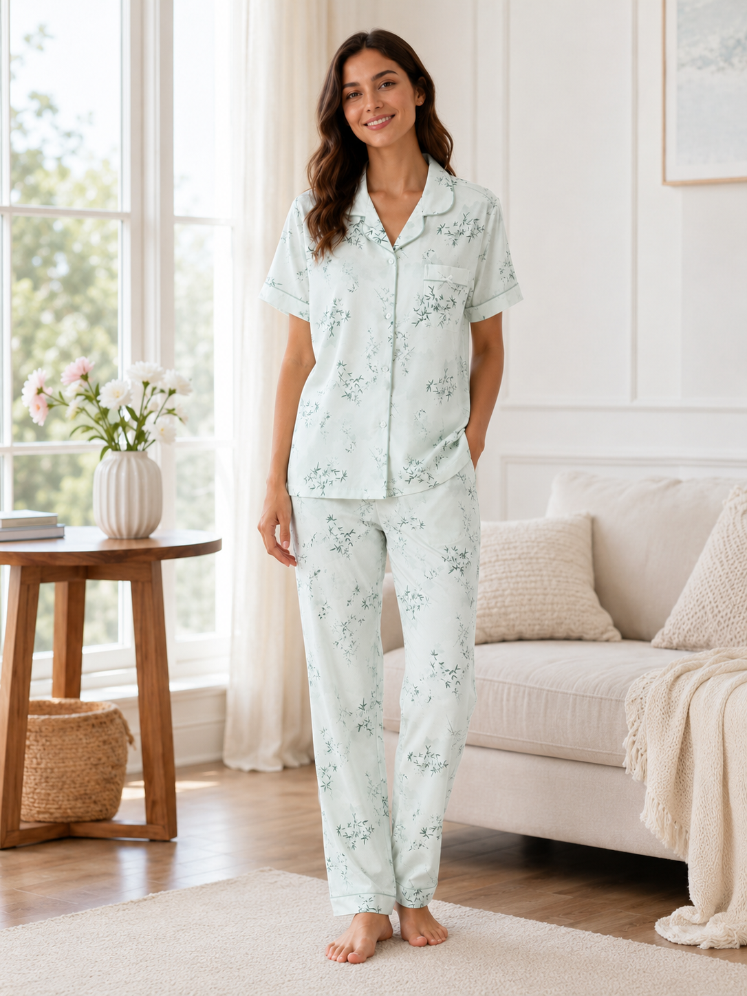 Leaves Print Soft Cotton Pajama Set(Imported)