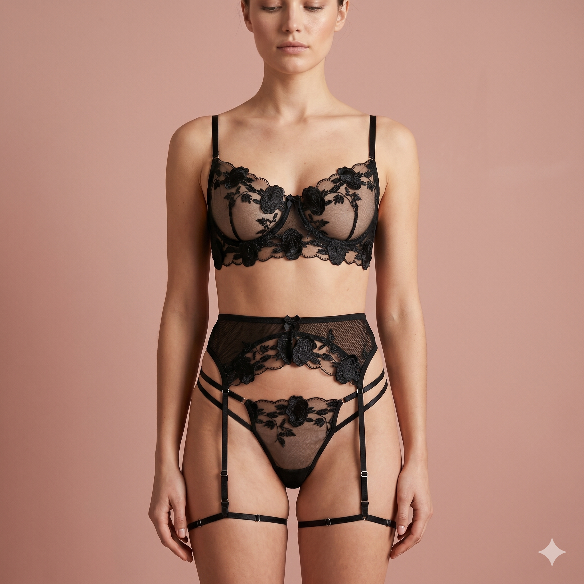 Black Net Embroidered Garter Set