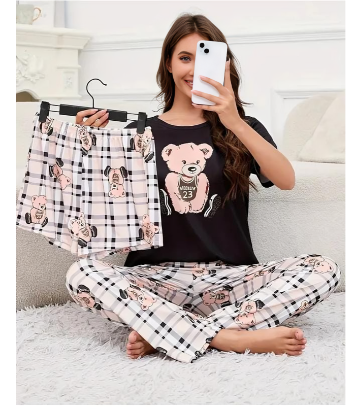 3 Piece Printed Night Suit Check Panda
